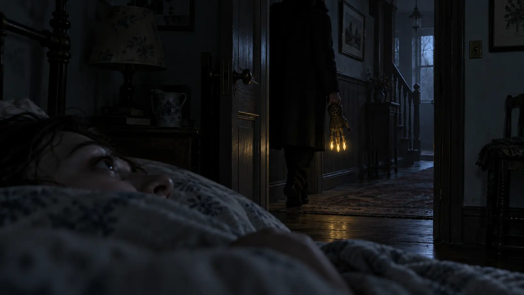 A conscious but motionless ABY-017 victim lying in bed while an intruder passes the doorway carrying a Hand of Glory with four burning fingers.