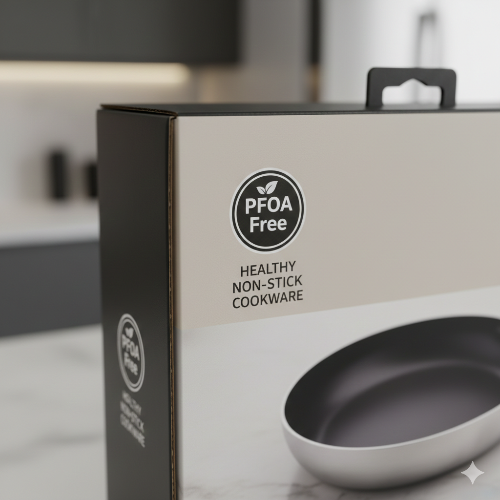 프라이팬 바닥의 PFOA Free 및 유해물질 미검출 인증 마크 클로즈업 사진