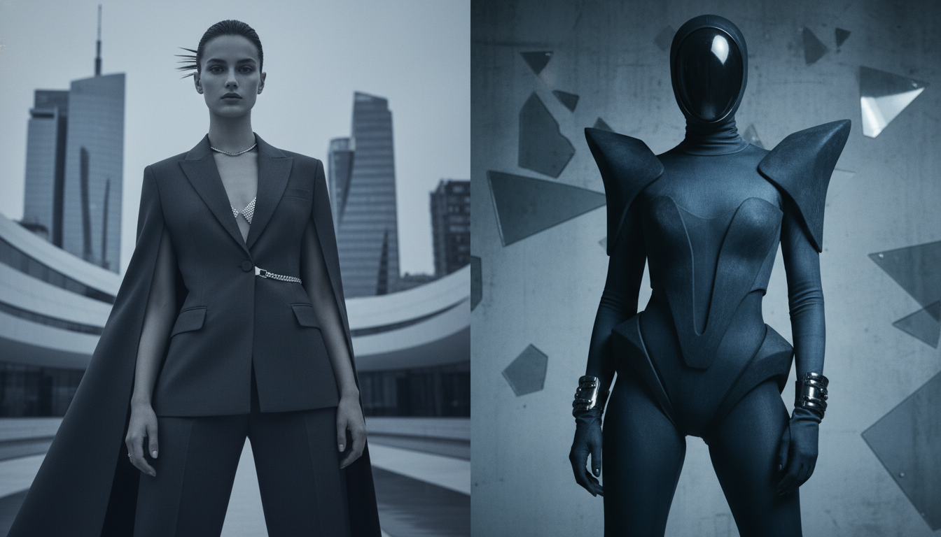 2026년 패션 아이콘 비토리아 세레티와 비앙카 센소리의 대조적인 스타일을 보여주는 분할 이미지. 비토리아는 우아하고 세련된 이탈리아 시크룩을, 비앙카는 파격적인 아방가르드 스타일을 선보이며 미래 패션 트렌드를 선도하는 모습.