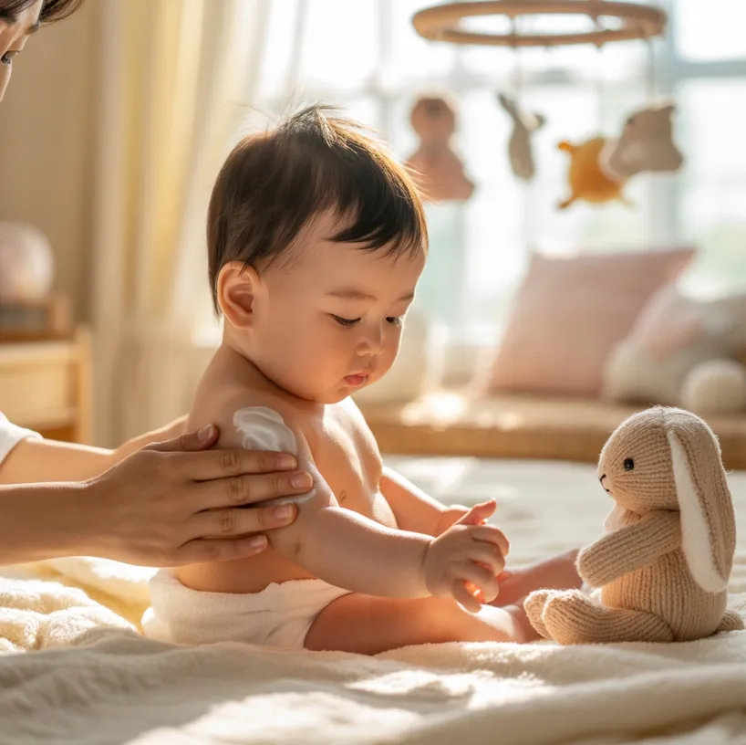 아기에서 아토피 로션을 바르고 있는 이미지