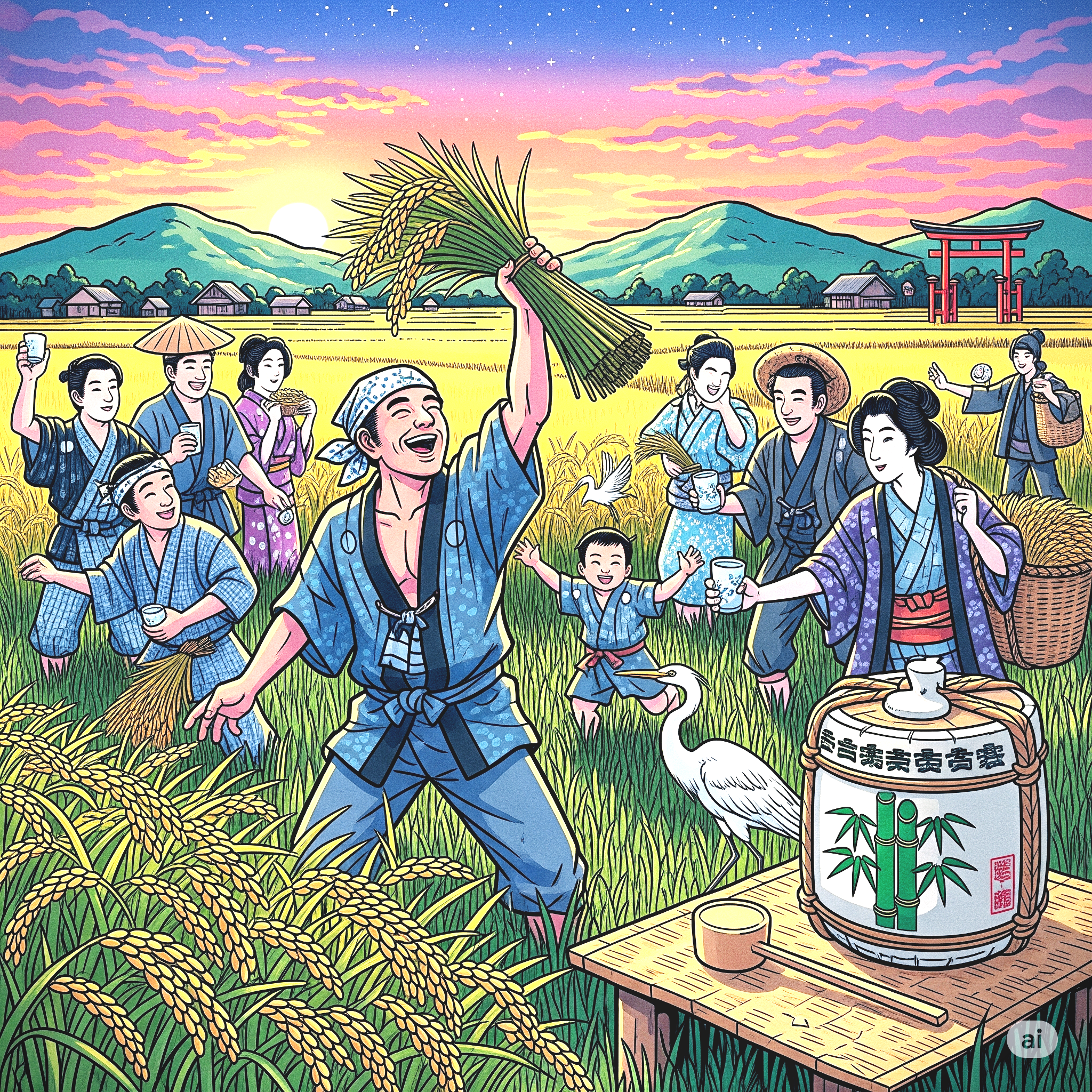 논에서 벼를 수확하는 사람들