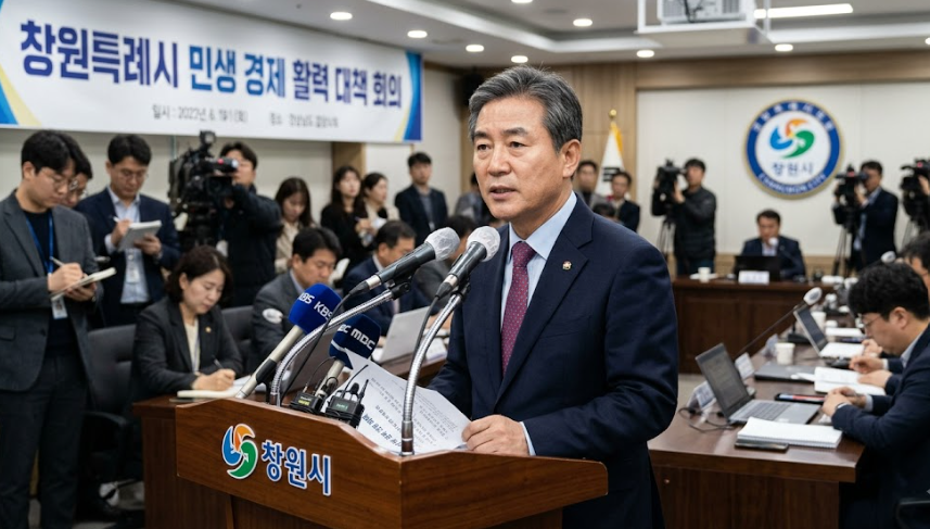 창원시청 브리핑룸에서 단호한 표정으로 민생 경제 대책을 발표하는 지자체장의 회의 장면, 보도사진 느낌