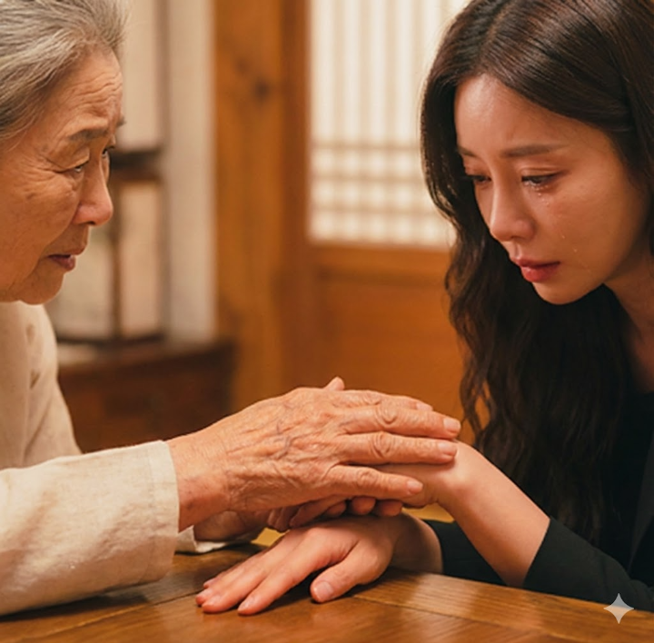 옥분 할머니의 거친 손이 윤봄의 손등을 토닥이는 클로즈업 샷