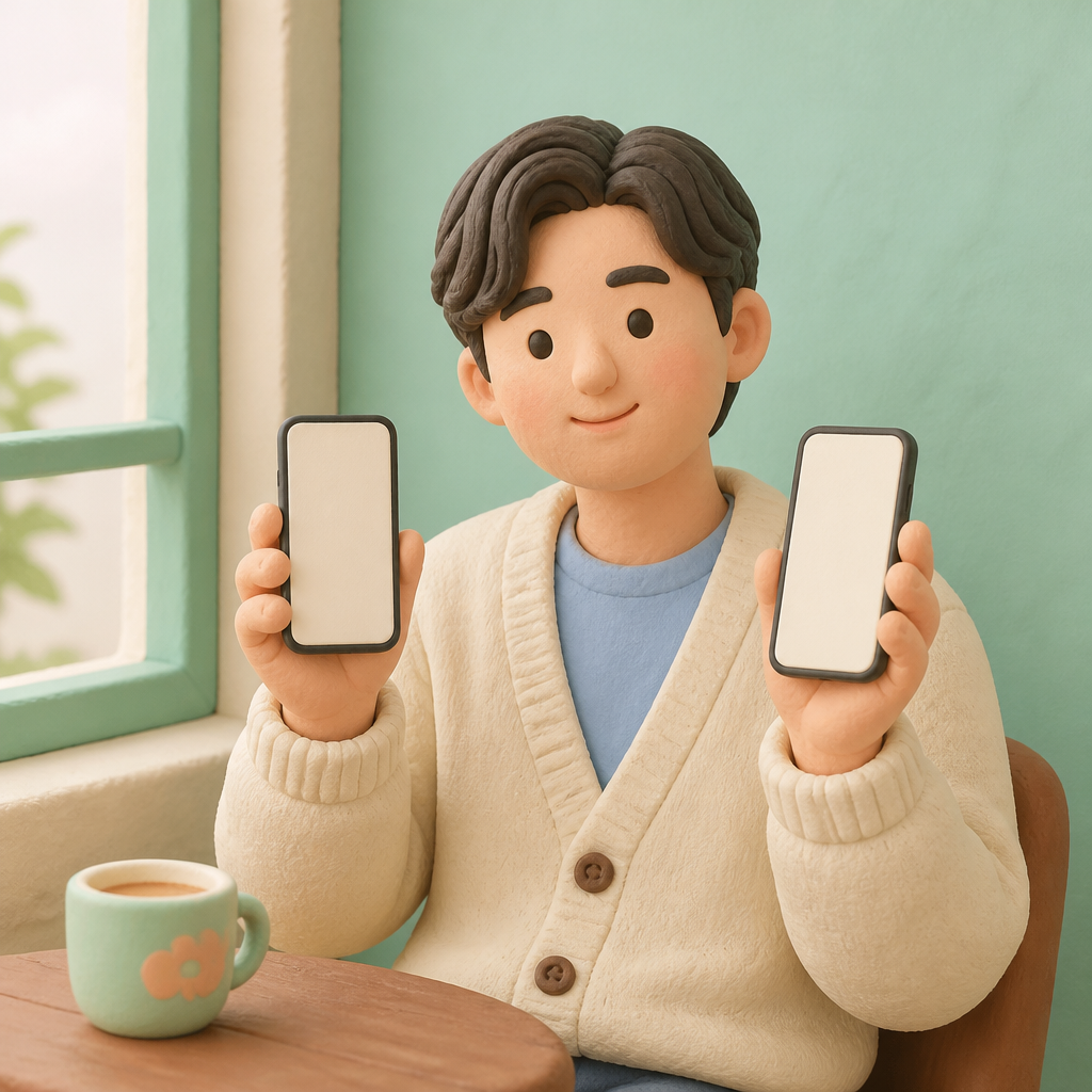 카페 창가 자리에서 휴대폰 두 대를 손에 든 손님