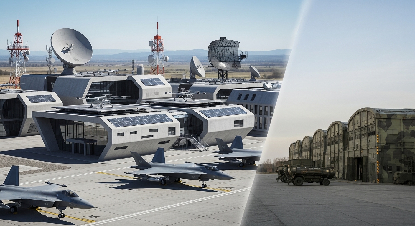 현대적인 군사 시설과 상대적으로 간소화된 군사 시설의 대비