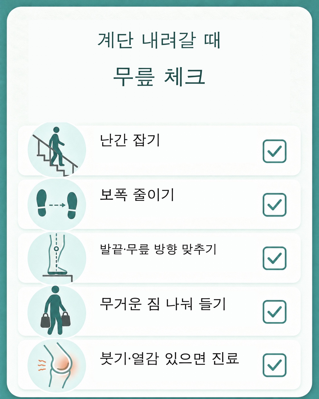 계단 내려갈 때 무릎 통증 체크리스트 난간 보폭 짐 들기 진료 신호
