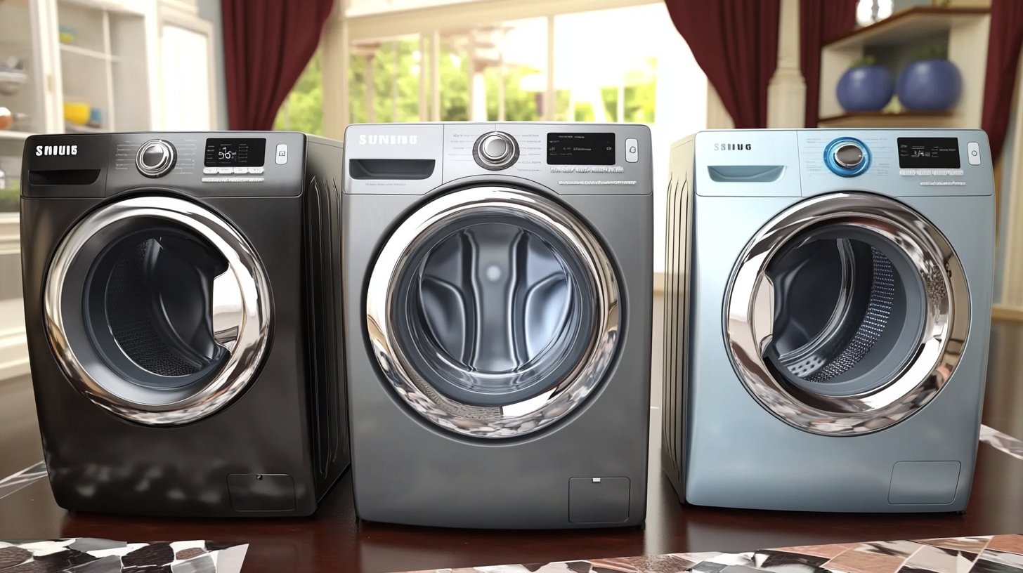 우아한 전시장에서 디자인과 기능을 강조하는 삼성, LG, 위니아 세탁기 비교 차트
