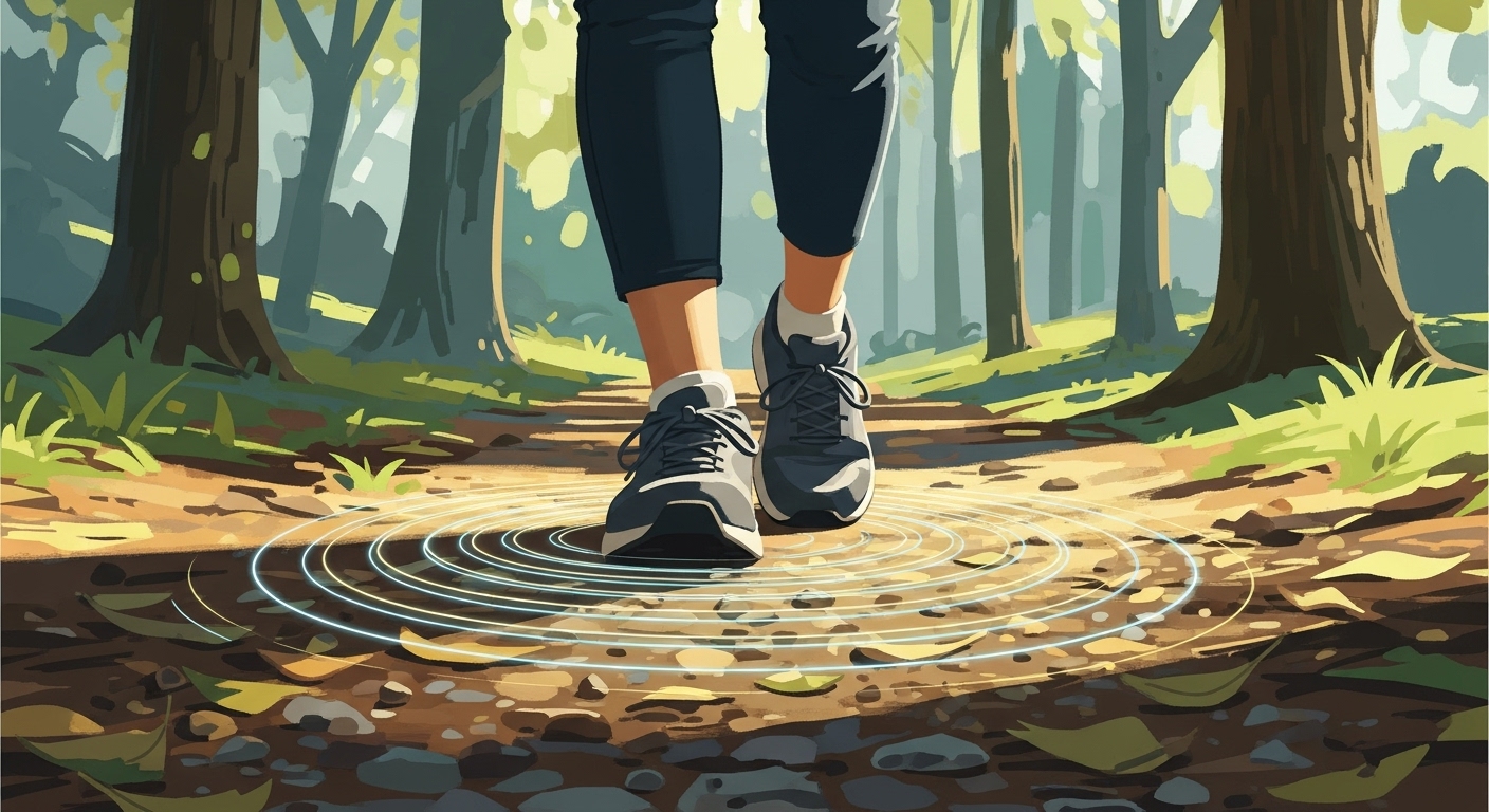 자연 속에서 의식적으로 걷기 명상을 하는 사람의 발과 주변 풍경을 묘사한 그림. 현재 순간에 집중하는 발걸음의 움직임이 강조된다.