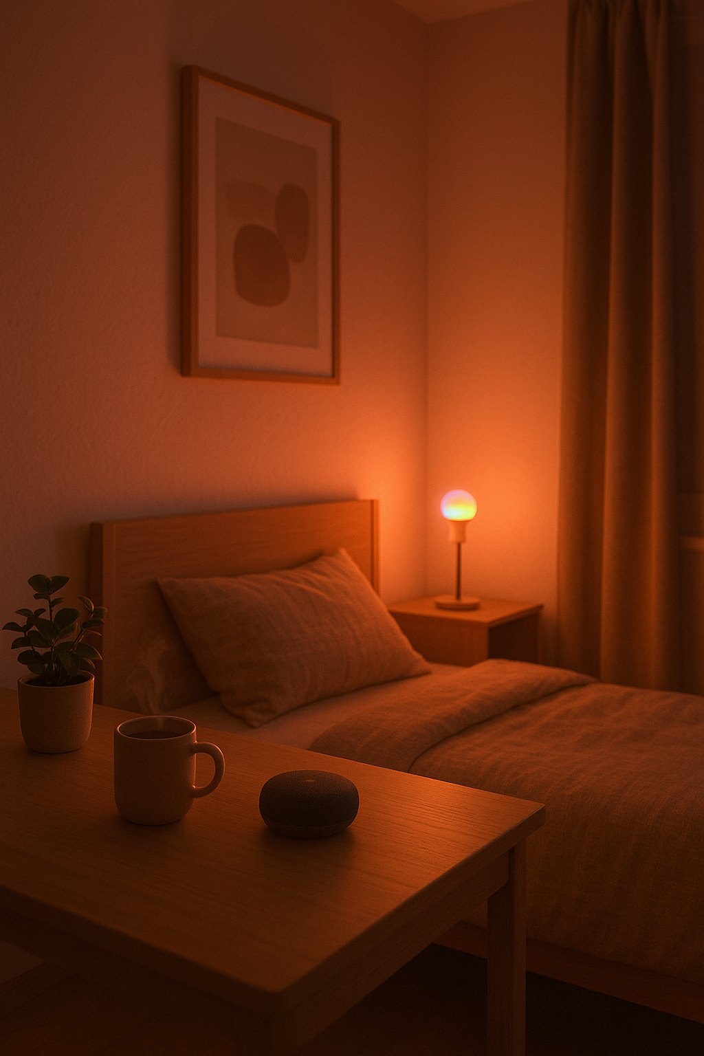 스마트전구로 따뜻한 분위기를 연출한 자취방 인테리어. 주황빛과 핑크빛 조명이 켜진 침실에 커피잔과 식물이 함께 놓여 있어 아늑한 감성을 더한다.