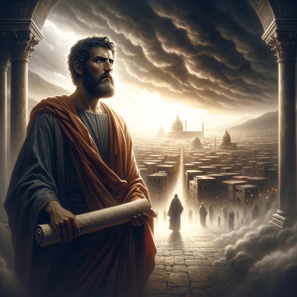 바울이 사도행전 19:21-22에서 언급한 것처럼 자신이 핍박받을 것을 알면서도 사명을 기억하며 자신의 갈 길을 결심하고 결단했던 것을 나타내는 그림 / Here is the image depicting the Apostle Paul as he resolutely decides to continue his mission despite knowing he will face persecution&#44; as mentioned in Acts 19:21-22.