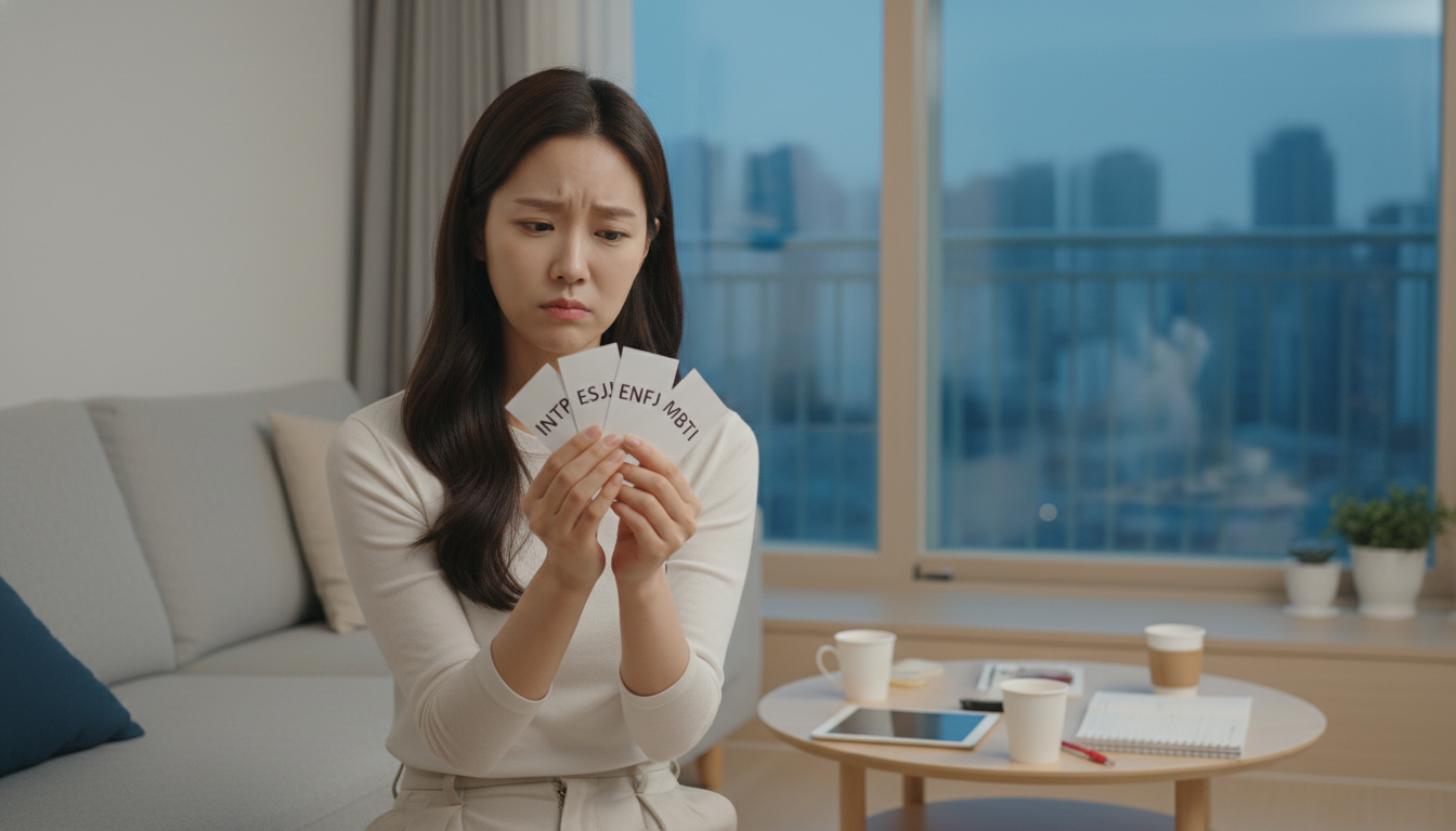 MBTI 유형 카드를 보며 고민하는 한국인 여성, 과도한 MBTI 맹신주의의 문제점을 시사.