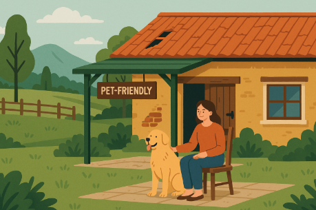 “농촌 빈집이 반려동물 펜션으로 개조되어, 반려견과 보호자가 함께 휴식하는 시골 풍경을 묘사한 평면 스타일 일러스트”