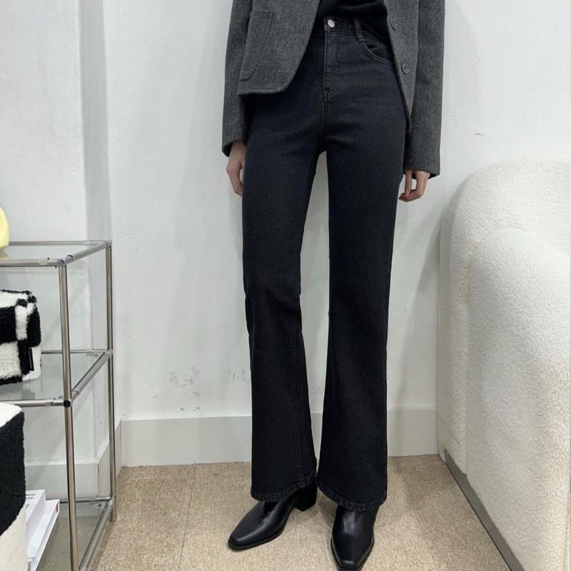 겨울 기모 슬림 스판 롱 세미 부츠컷 하이웨스트 블랙 진 흑청 데님 청바지