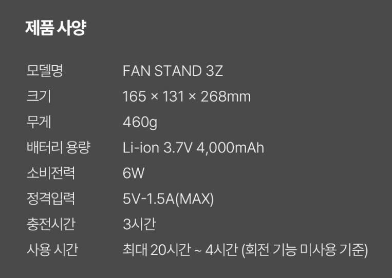 루메나 FAN-STAND3Z 제품 사양표. 크기, 무게, 배터리 용량, 충전시간 등의 정보 제공.