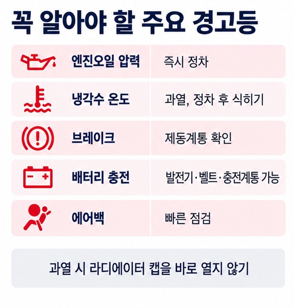 엔진오일 압력 냉각수 과열 브레이크 배터리 충전 에어백 빨간색 경고등의 의미와 정차 필요성을 정리한 인포그래픽