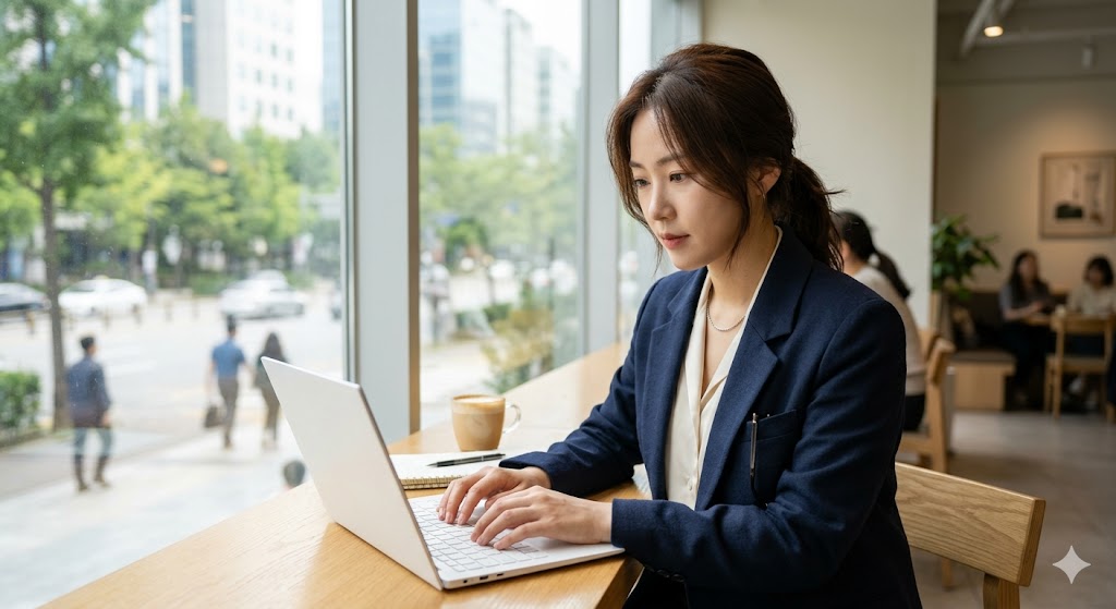 햇살이 잘 드는 조용한 카페의 창가 자리에 앉아 가볍고 슬림한 화이트 노트북으로 부업 시스템을 진지하게 구축하고 있는 젊은 한국인 직장인의 모습. 자연스러운 데일리 룩을 입고 있으며 오직 노트북 화면과 자신의 작업에 몰입한 생산적인 순간을 포착한 고해상도 8k 사진.
