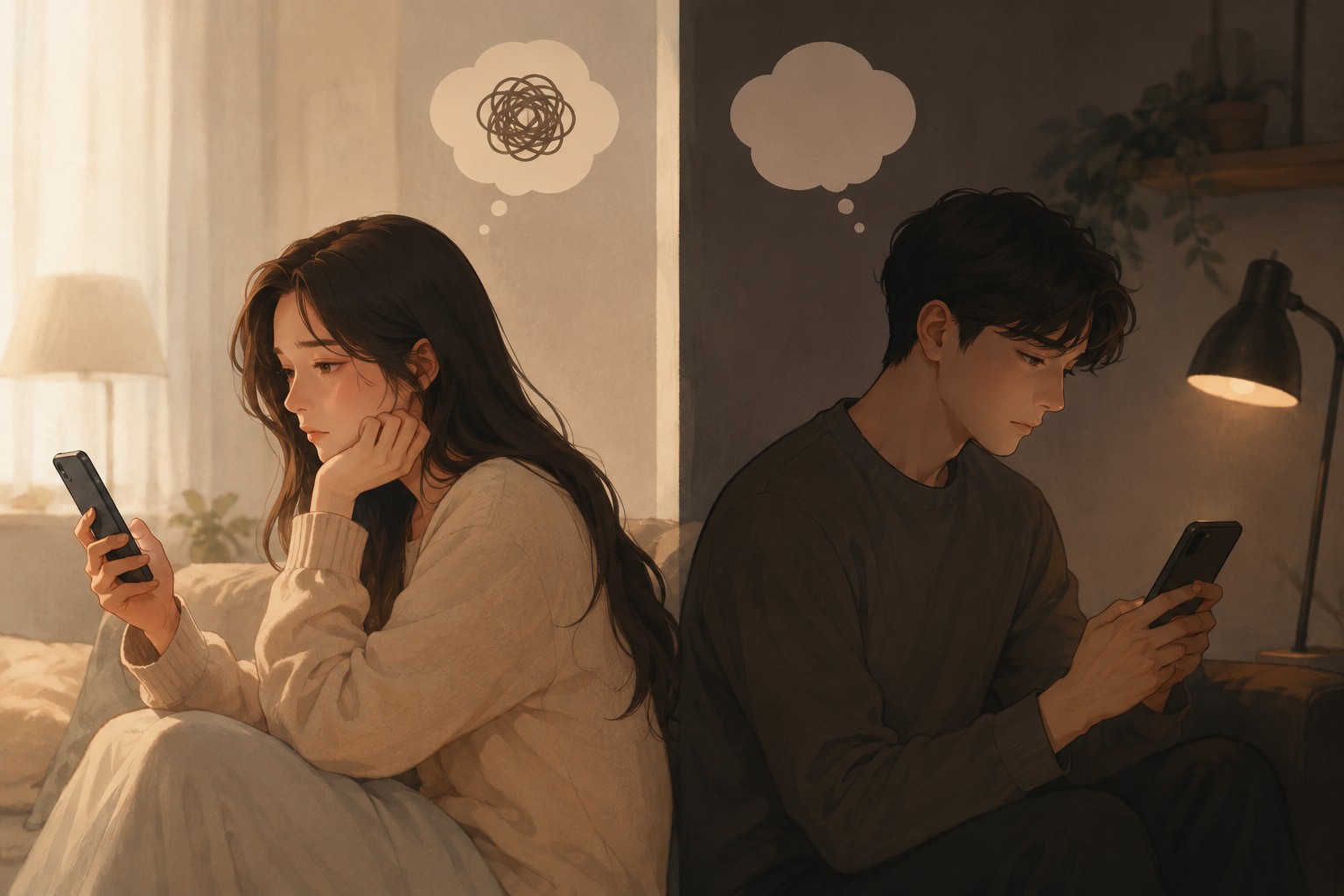 답장을 기다리며 불안해하는 여성과 휴대폰을 바라보는 남성을 따뜻한 일러스트로 표현한 이미지. 불안형 애착과 회피형 애착의 연락 방식 차이를 상징하는 썸네일