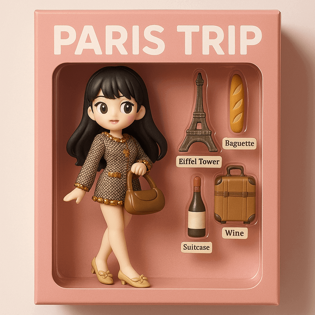 프롬프트 '모험을 떠나는 소녀 피규어, 나침반과 피크닉 바구니, 배낭 소품이 들어 있는 박스형 장난감'으로 생성된 이미지