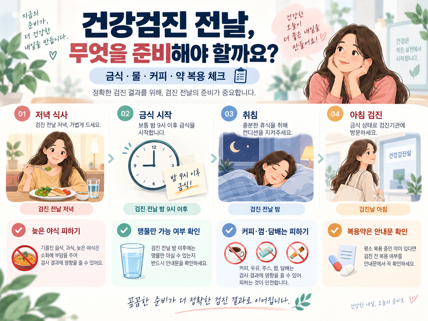 건강검진 금식 전 음식과 음료 준비를 설명하는 이미지