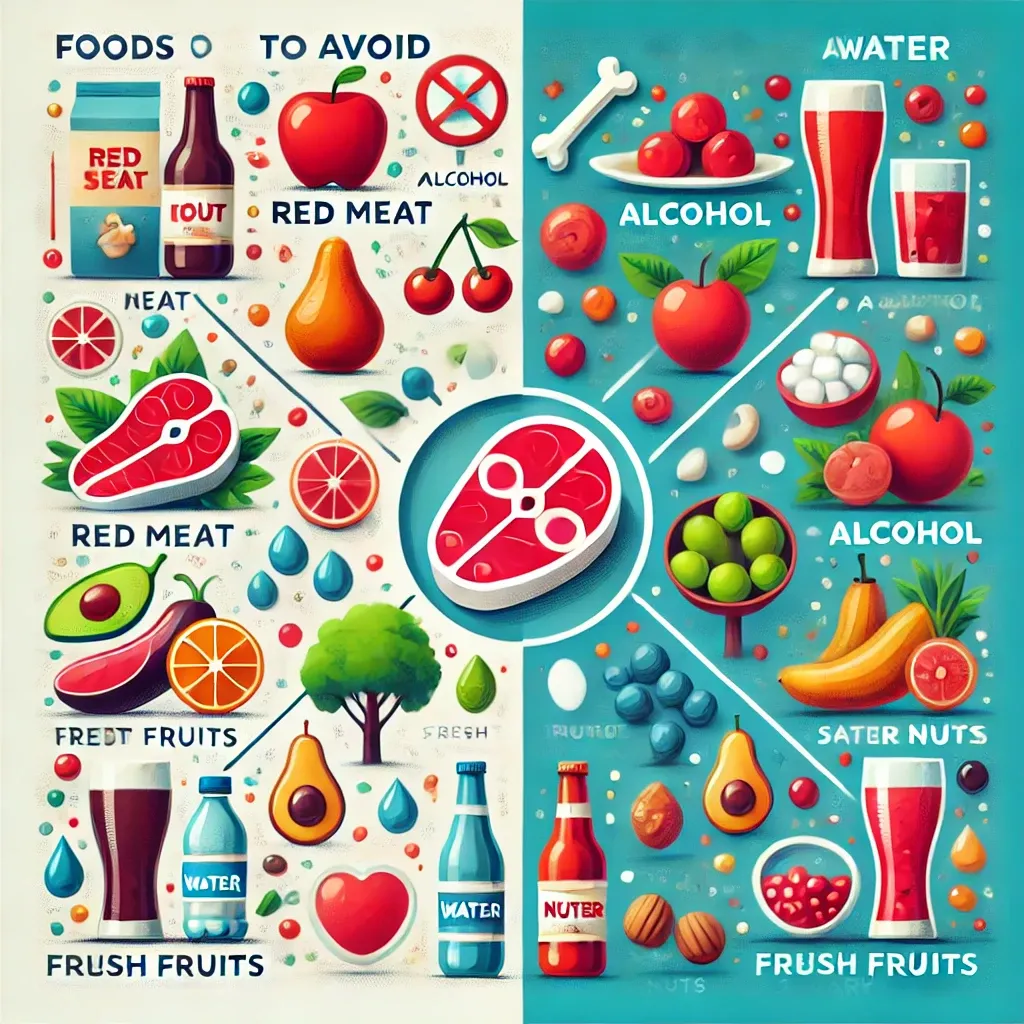 통풍 관리를 위한 피해야 할 음식과 건강한 대체 식품을 강조한 일러스트 스타일 인포그래픽