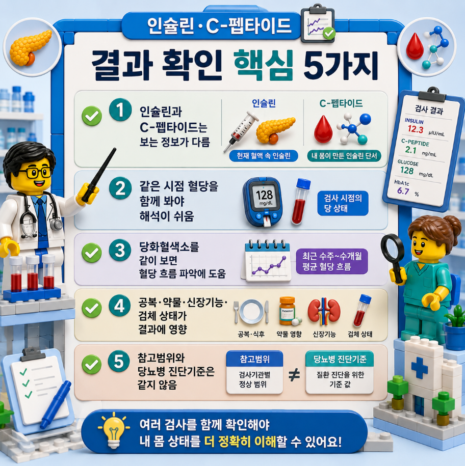 인슐린·C-펩타이드 검사 결과 확인 핵심 5가지를 요약한 레고 스타일 의료 인포그래픽
