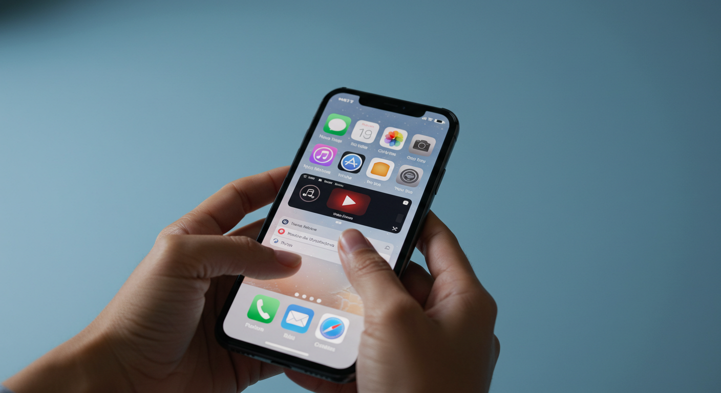아이폰을 들고 다양한 앱을 사용하는 손, 스마트하고 깔끔한 인터페이스가 보이는 화면, 밝은 조명, 배경은 심플하고 현대적인 테크 감성