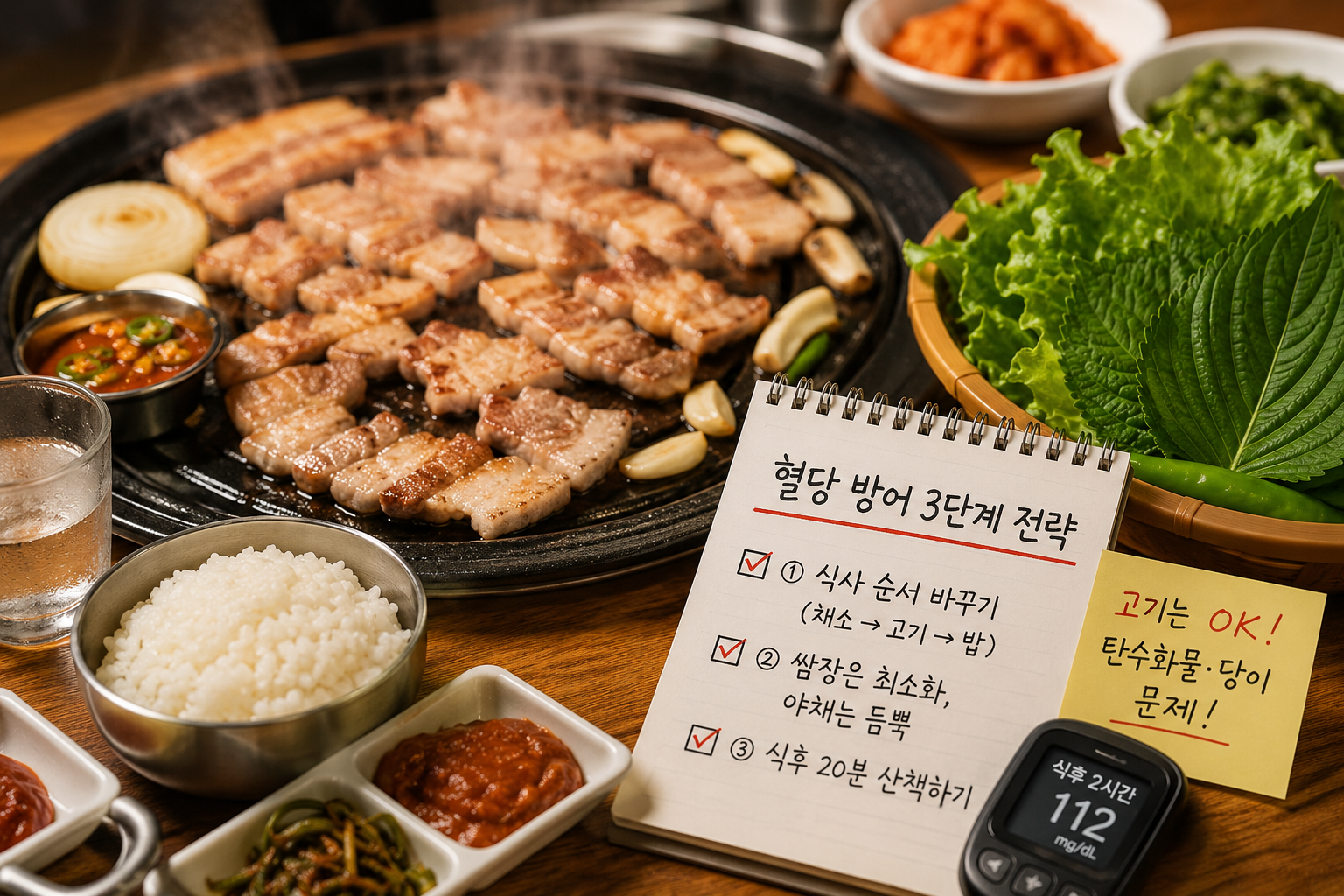 당뇨 환자가 삼겹살 외식 시 채소를 먼저 먹고 고기와 밥의 순서를 조절하며 혈당을 관리하는 건강한 식사 방법