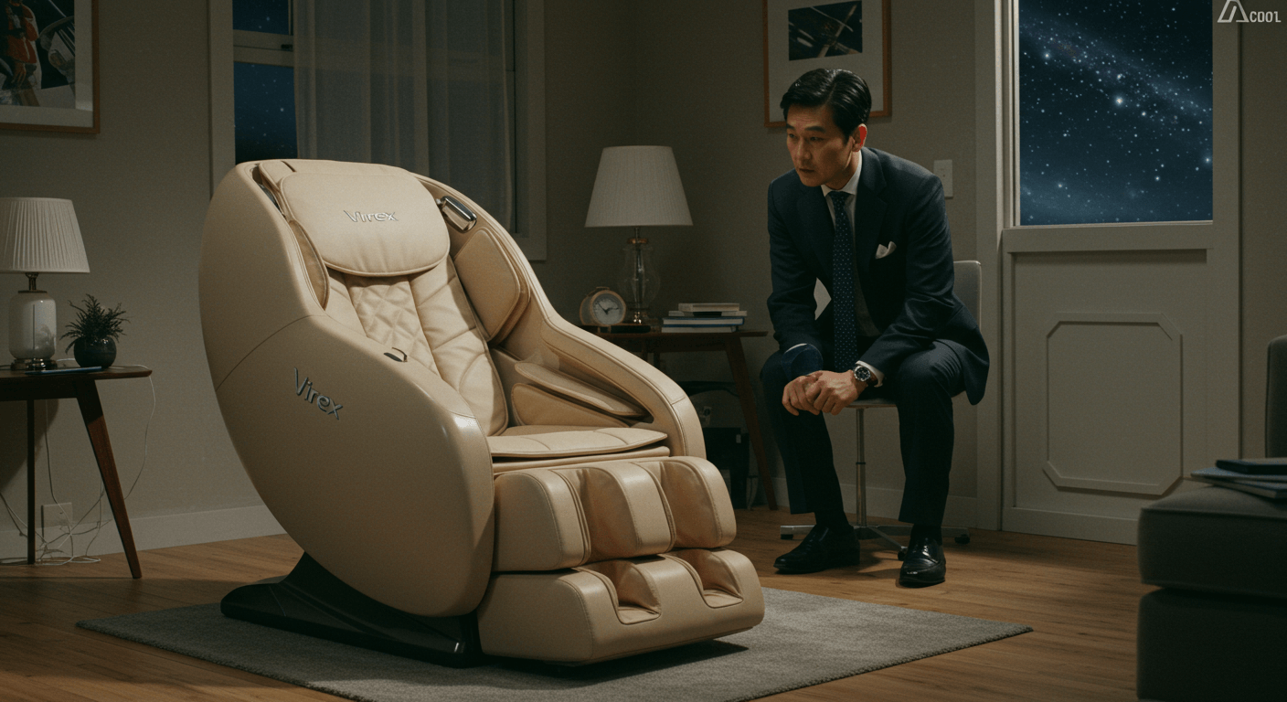 아이보리 컬러 안마의자가 거실 공간을 차지해 고민하는 남성 3