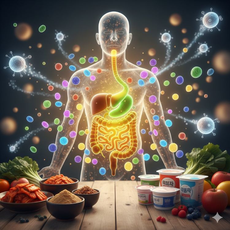 명한 인체 형상 안에 건강한 장이 빛나고 있고, 장 주변에는 다양한 색깔의 유익균들이 방패처럼 둘러싸고 있다. 배경에는 김치, 된장, 요구르트 같은 발효식품과 신선한 채소, 과일들이 배치되어 있으며, 면역세포들이 활발하게 활동하는 모습을 표현한 생동감 있는 이미지