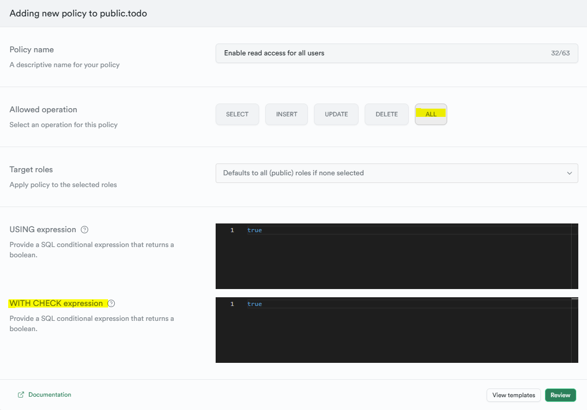 supabase select insert update delete policy setting
