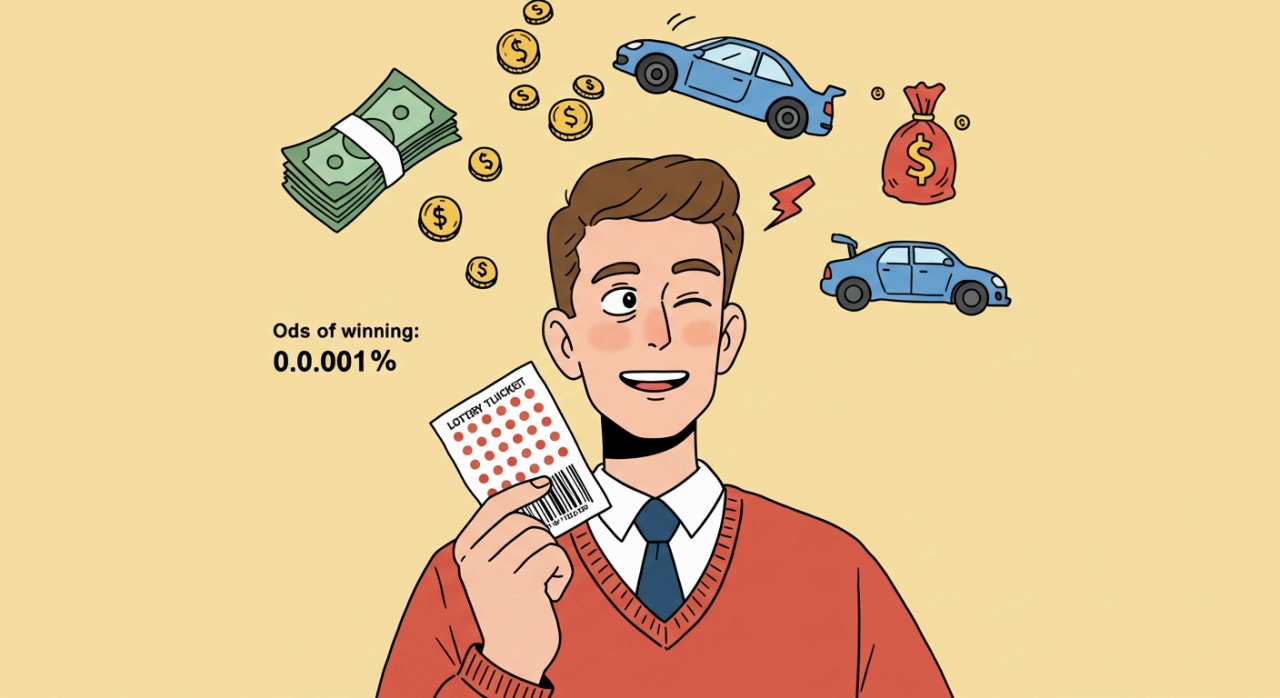 아주 낮은 당첨 확률의 복권을 들고 당첨될 상상을 펼치는 사람