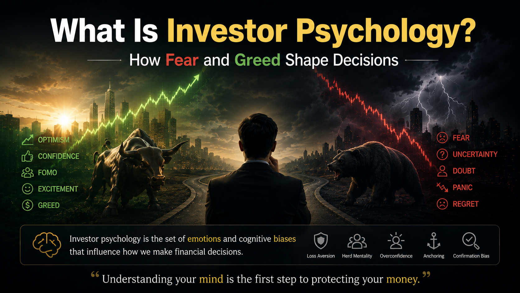 Investor psychology showing fear and greed influencing investment decisions in bull and bear markets