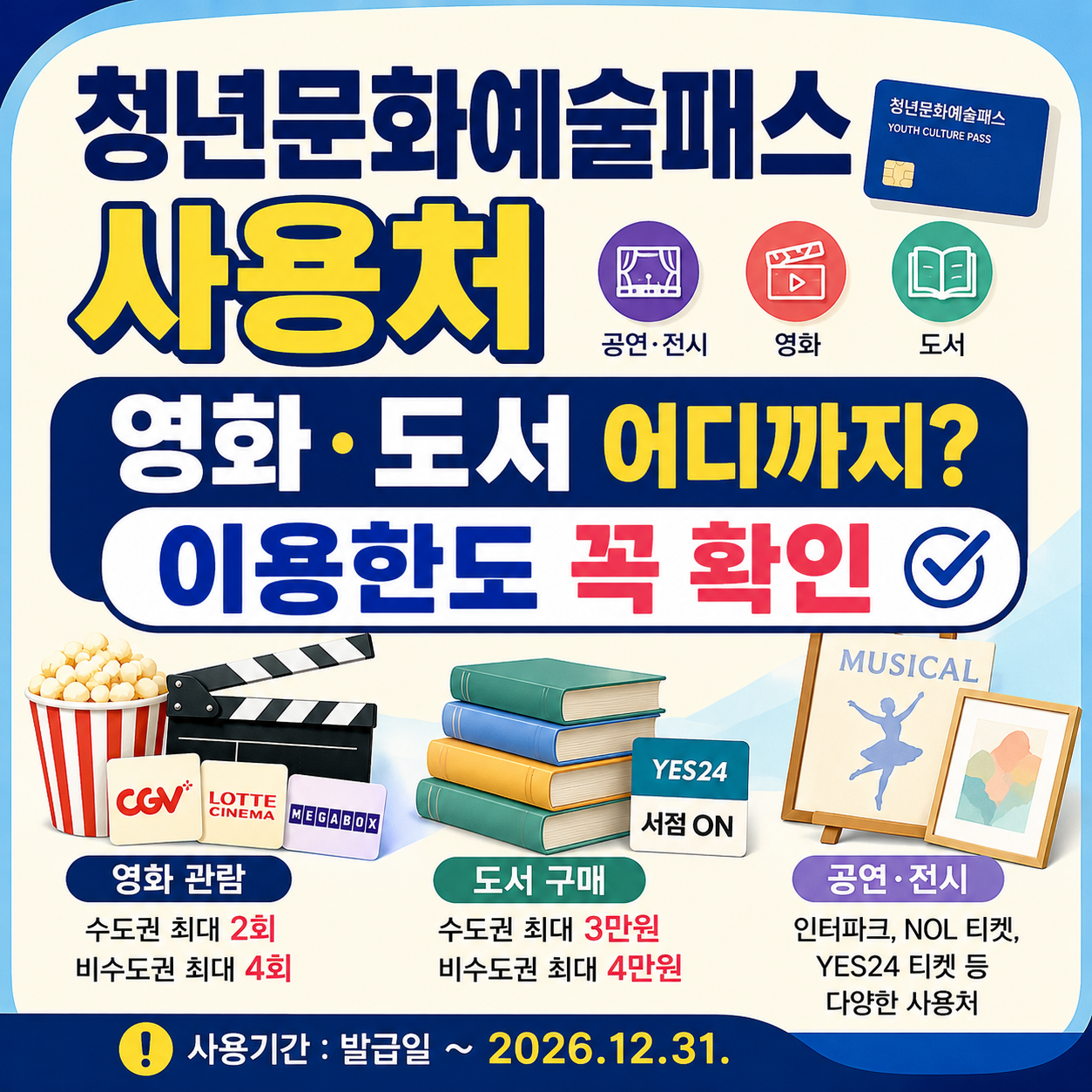 2026 청년문화예술패스 사용처는? 영화&middot;도서 이용한도와 주의사항