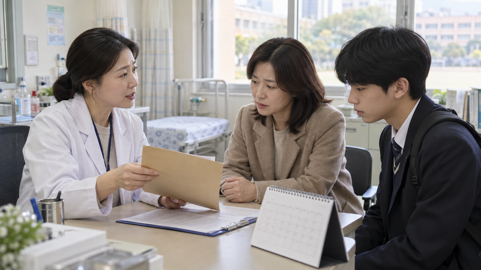보호자가 학교 결핵 접촉자 조사 안내문과 검사 일정을 확인하는 실제 상황