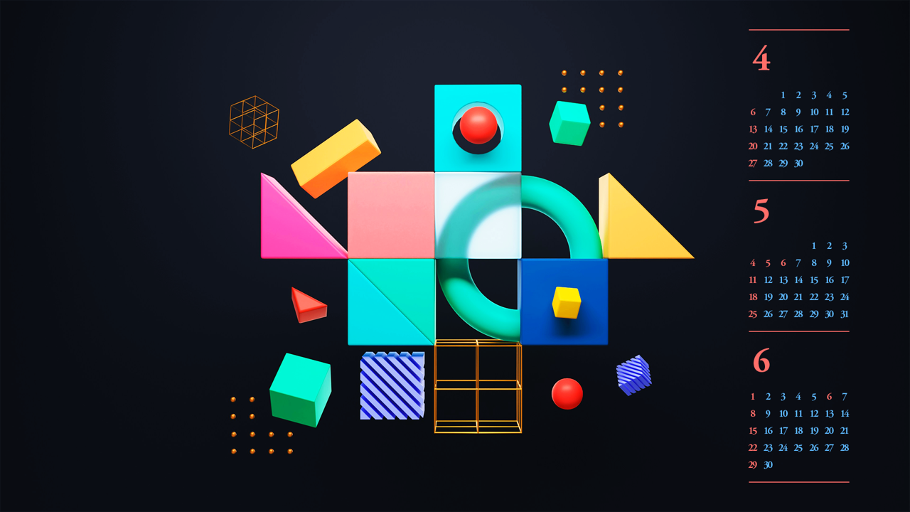 10 3D 도형 검정배경 B - 2025년5월 노트북배경화면