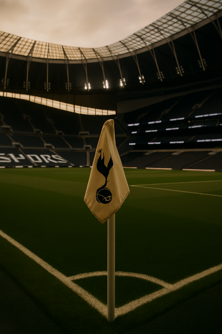 텅 빈 토트넘 홋스퍼 스타디움의 코너 플랙을 비추는 감성적인 사진