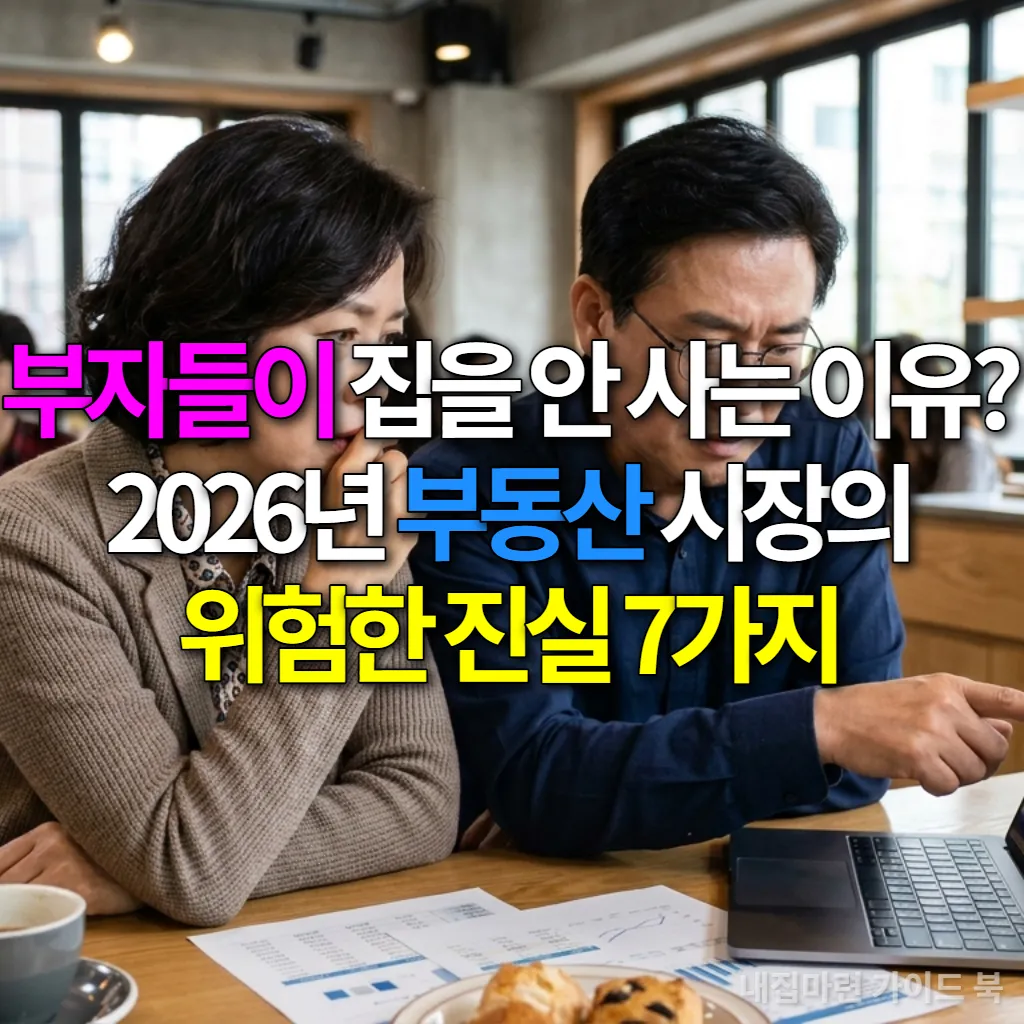 카페에서 노트북으로 부동산 그래프를 심각하게 들여다보는 중년 한국인 부부