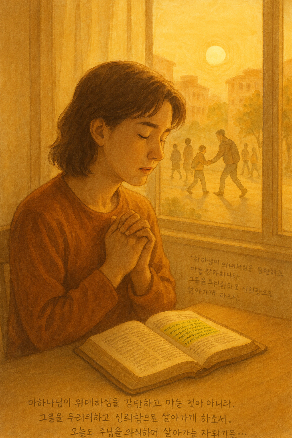 출 14:31 말씀을 보며 하나님의 위대하신 능력을 매일&amp;#44; 매순간 보며 그것을 감탄하고 알아가는데 그치지 말고 하나님을 두려워하며&amp;#44; 하나님을 신뢰하는 면에서 자라가서 계속 하나님께 기도드리며&amp;#44; 하나님의 어떠하심을 드러낼 수 있는 자가 되길 간절히 기도하며&amp;#44; 오늘의 삶 속에서 하나님을 발견하고 두려워하며 신뢰하려는 시도를 하는 모습입니다. 이 그림은 하나님의 능력을 보는 것에 머무르지 않고&amp;#44; 그것이 삶 속 &lsquo;믿음의 태도&rsquo;로 이어지는 것을 표현합니다. 기도하는 자의 내면에서부터&amp;#44; 이웃을 사랑하는 행위로까지 하나님을 드러내는 모습이 드러나도록 그렸습니다.