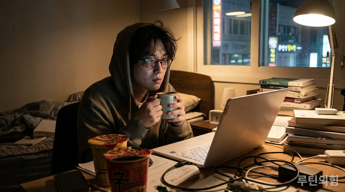 수면 부족으로 피곤해 보이는 한국 학생이 밤샘 공부를 하는 모습