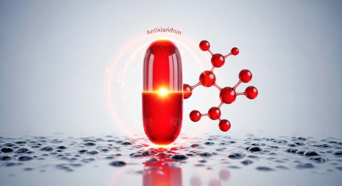 붉은 크릴오일 캡슐과 아스타잔틴, 인지질 분자가 함께 있는 모습으로, 강력한 항산화 및 건강 효능을 시각적으로 표현합니다.