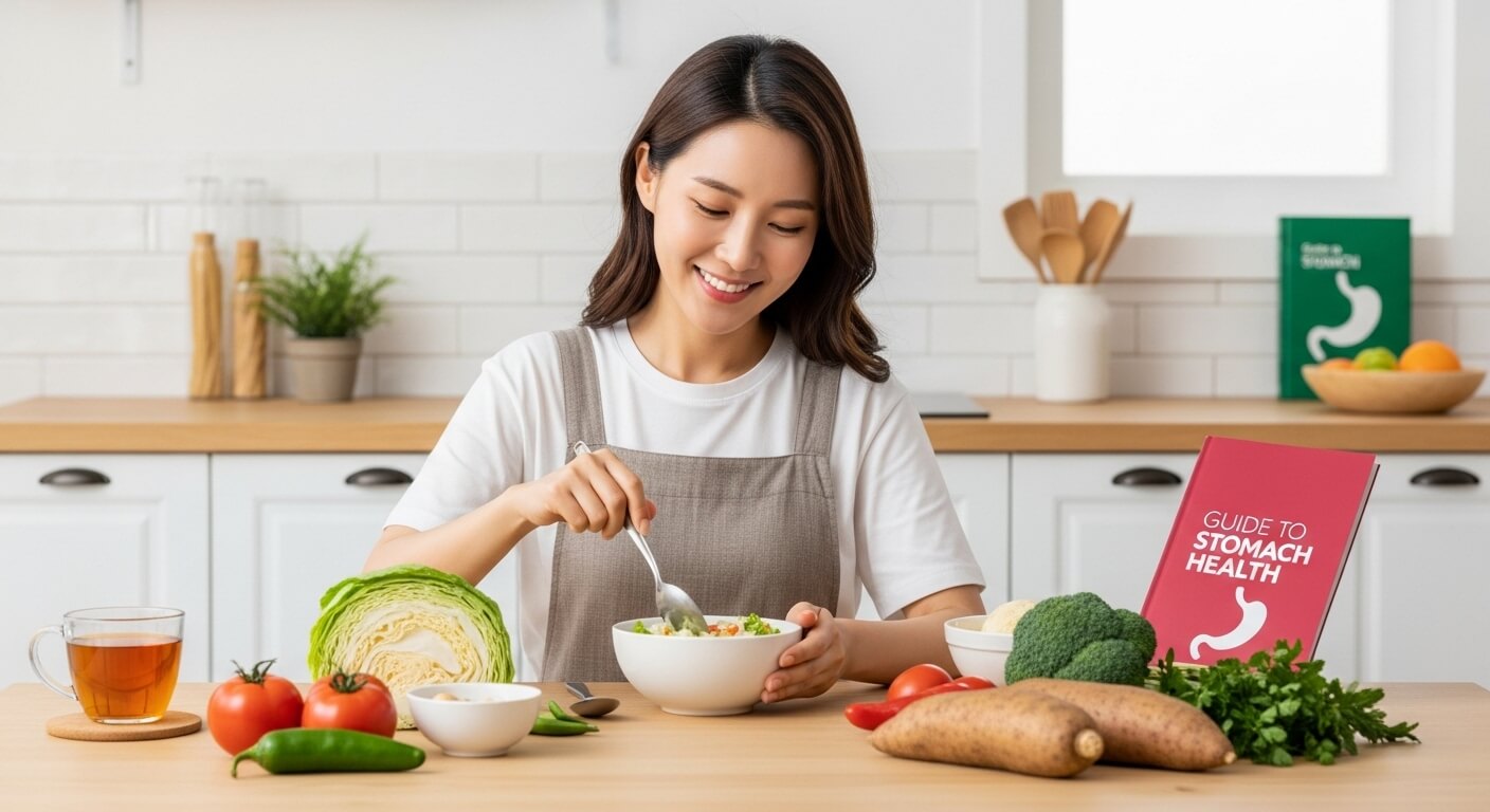 여성이 위 건강에 좋은 식재료가 놓인 식탁 앞에서 죽이나 샐러드를 만들고 있다