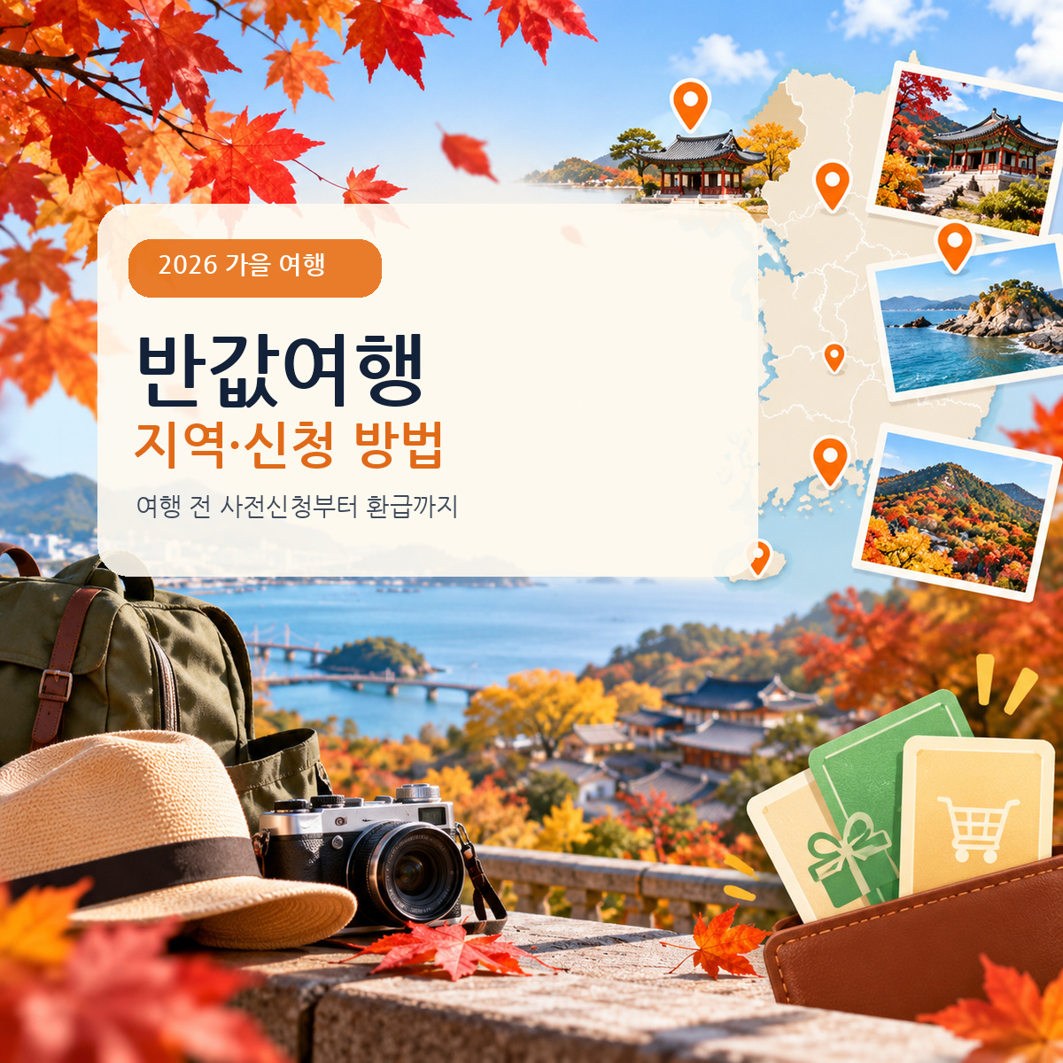 가을 국내여행 풍경과 여행 소품을 배경으로 반값여행 지역과 신청 방법을 안내하는 대표 이미지