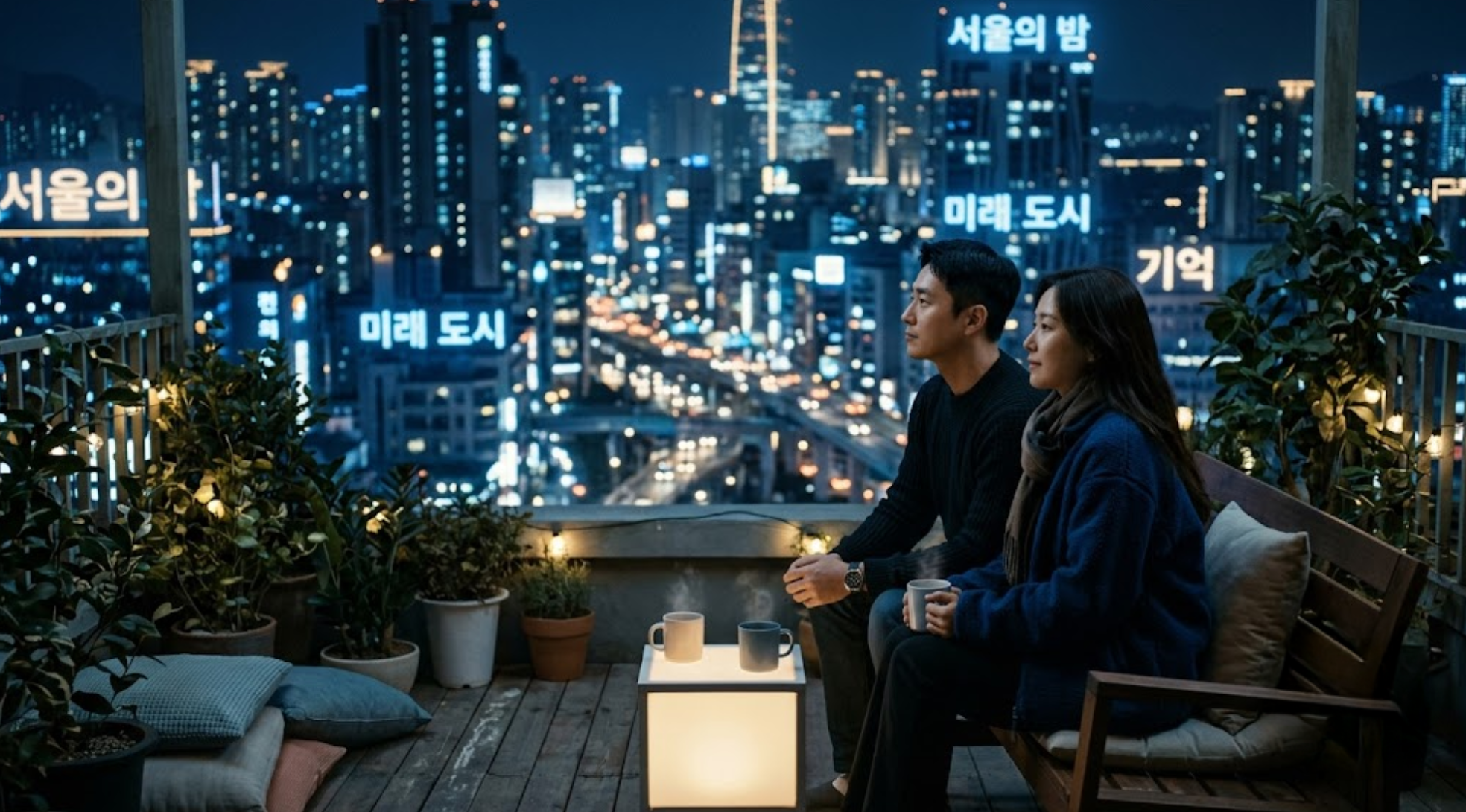 영화 Her 마지막 장면, 옥상에서 친구와 나란히 앉아 도시 야경을 바라보며 현실의 연대를 회복하는 테오도르의 모습