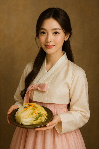 백김치를 들고있는 한복입은 젊은여자