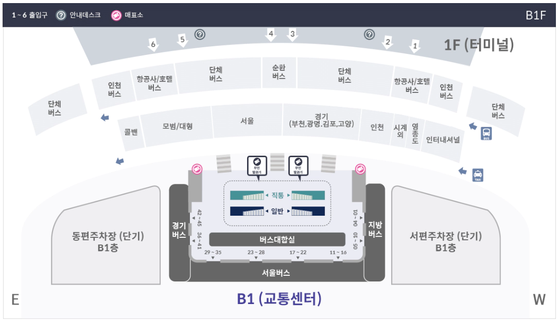회색과 하늘색으로 제2여객터미널 교통센터 지도가 그려져있다. 버스 대합실과 주차장도 있다.