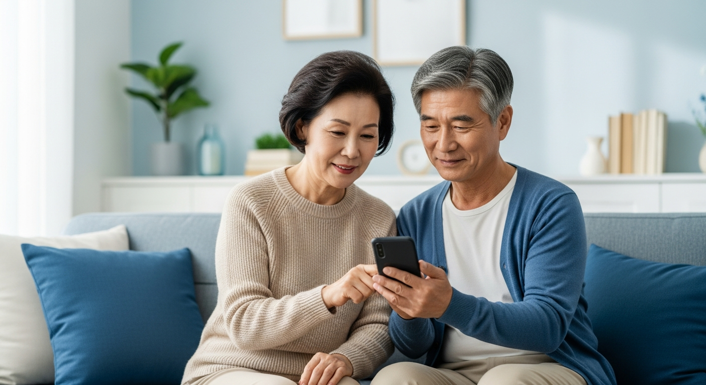 스마트폰을 함께 보며 환하게 웃고 있는 50-70대 노부부가 토스뱅크 비상금대출로 든든한 노후를 준비하는 모습.
