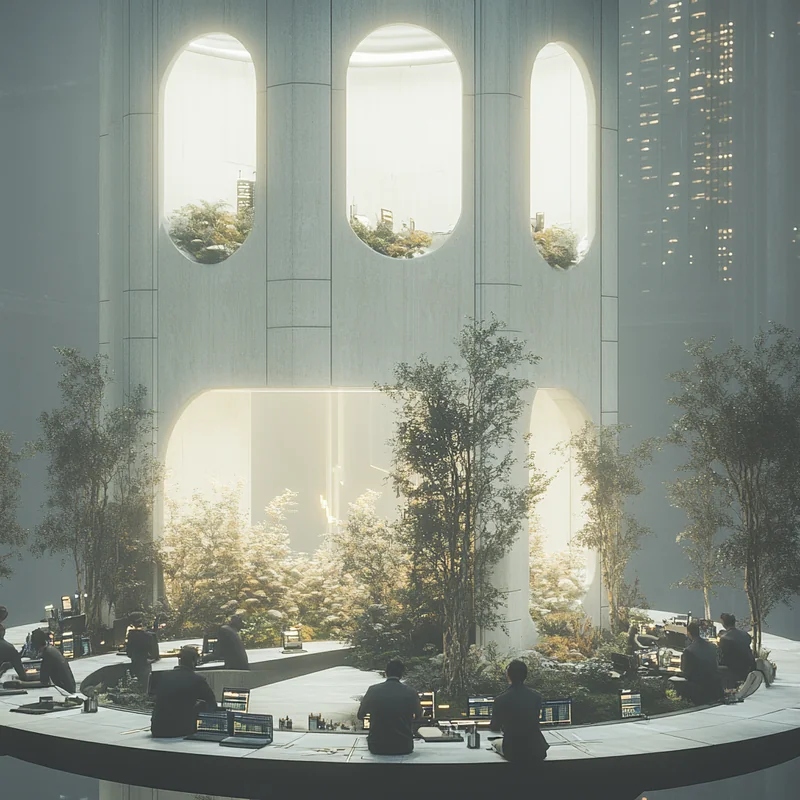 미래적인 금융 허브에서 테마형 ETF의 성장 가능성을 깊이 분석하는 투자자들, 전향적 사고와 통찰력을 느끼게 하는 장면