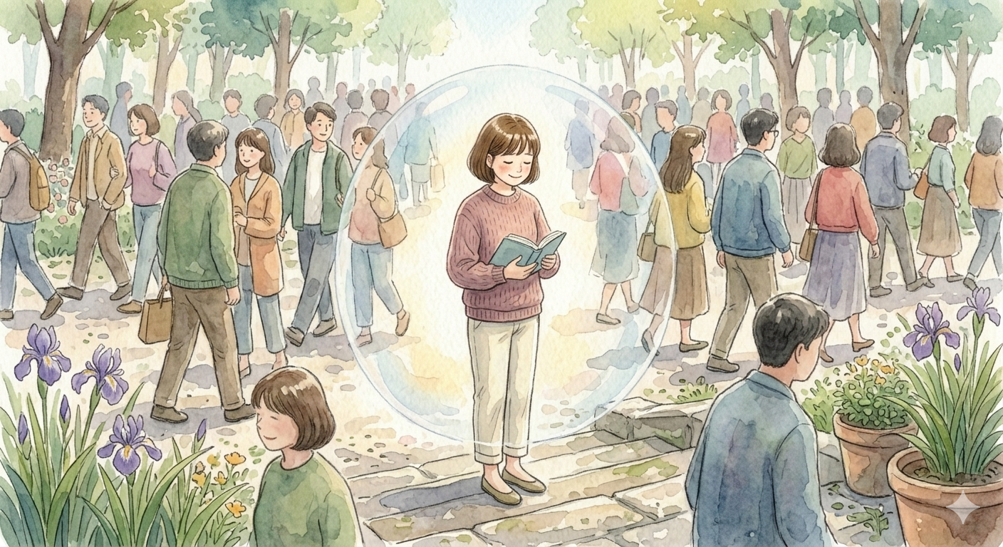 "많은 사람으로 북적이는 장소에서 자신의 내면을 들여다보며 고요하게 미소 짓는 여성의 수채화 일러스트. 타인의 시선과 기대라는 소음 속에서도 흔들리지 않고 나만의 기준과 평온을 유지하는 단단한 자아를 상징함."