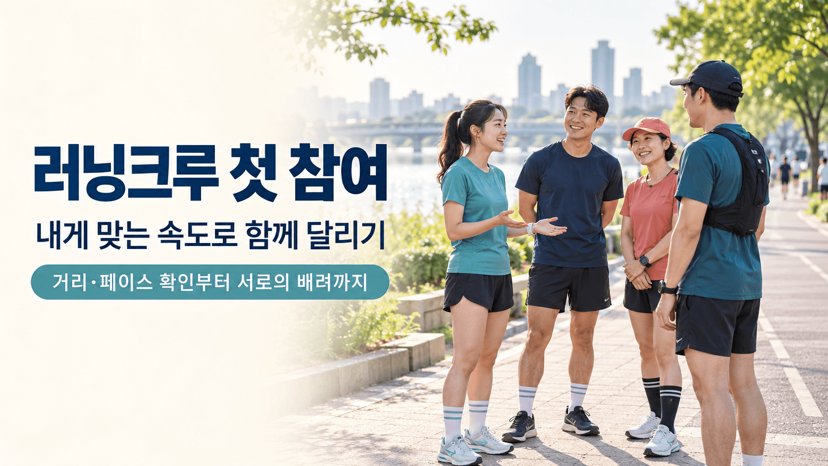 강변 공원에서 네 명의 러너가 웃으며 첫 인사를 나누는 모습과 &lsquo;러닝크루 첫 참여, 내게 맞는 속도로 함께 달리기&rsquo;라는 안내 문구