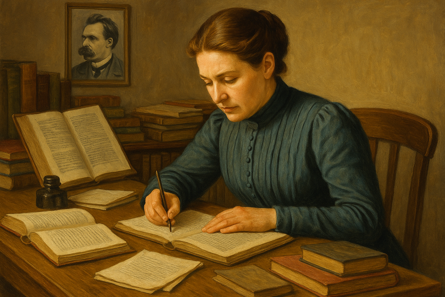 니체의 여동생 엘리자베트가 니체의 자료를 정리하는 이미지